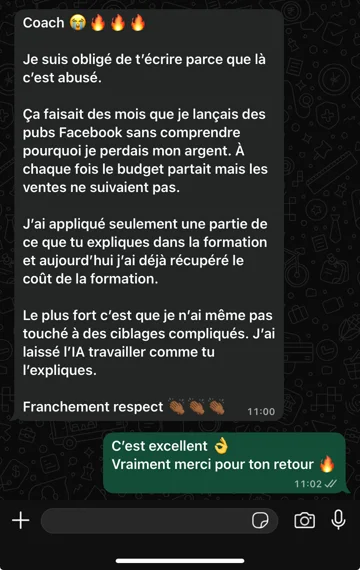 Retour d'un élève — formation Meta Ads IA 2026